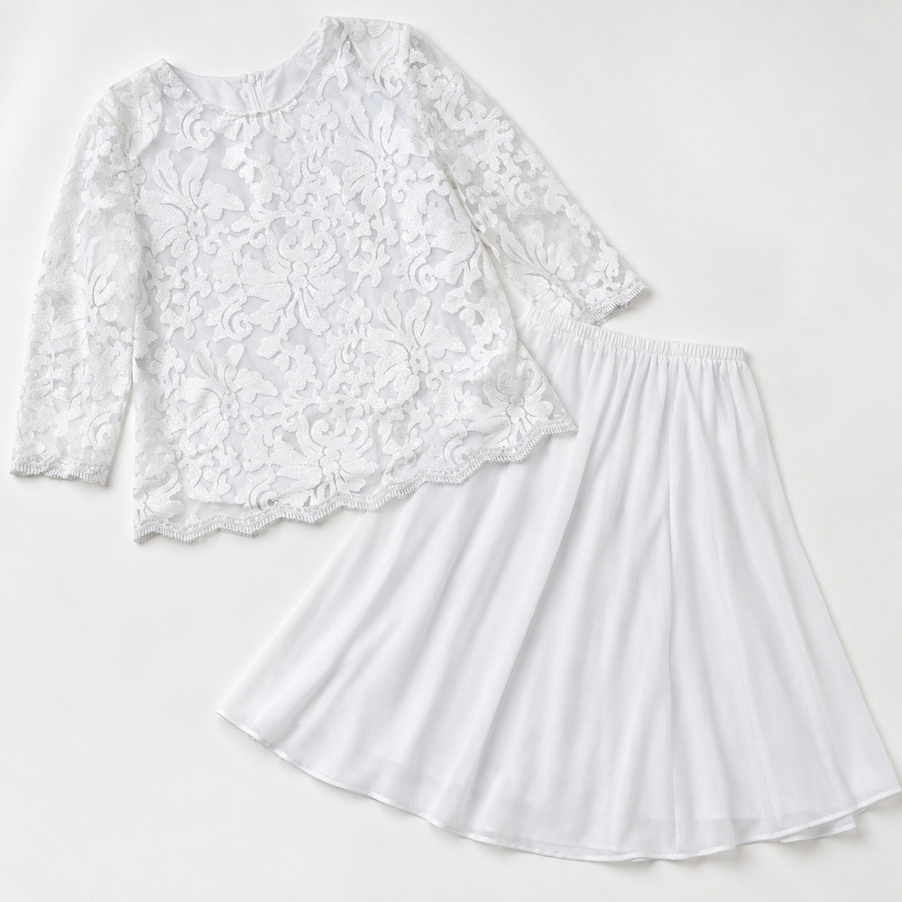 F.A.D. Fashion Womens 1XL White Lace Sequin Top and Chiffon Skirt‎ Set 2467
